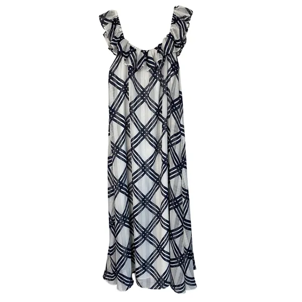 Ann Taylor Navy Blue White Plaid‎ Ruffle Neck Chiffon Midi Dress 6 561128 - Image 2