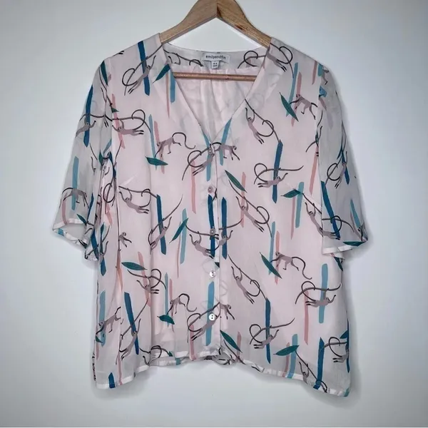 Emily and Fin ModCloth Monkey Around Town Blouse Size Large - Image 3