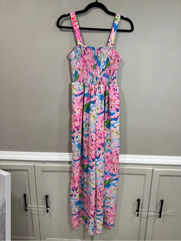 Smocked Floral Wide-Leg Jumpsuit in Pink & Blue - Image 2