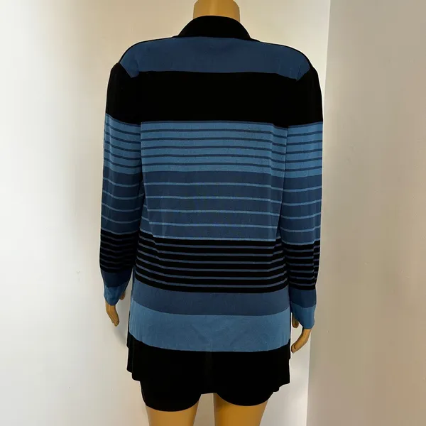 Misook Striped Knit Cardigan Sweater Blue Black‎ Long Sleeve Collar Medium - Image 3