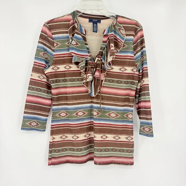 Chaps Denim Southwestern Womens Top Sz L Ruffle Lace Up Aztec Boho Y2K Western - Image 2