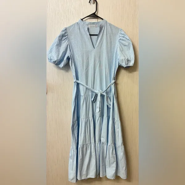 Chic Vintage Charm Cottagecore Pinstripe‎ Tiered Tie-Waist Midi Dress M - Image 2