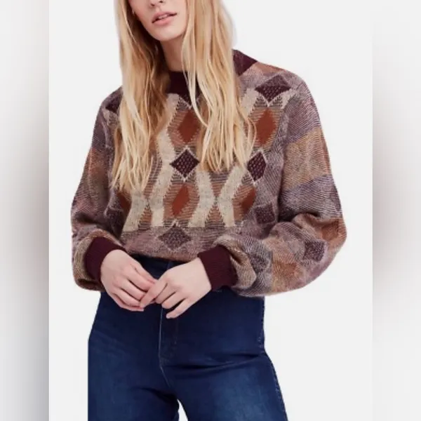 Free People Diamond Days Sweater Wool Mohair Grandpa Cottage Retro Size Large - Image 5