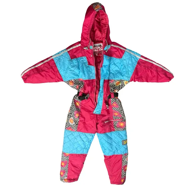 Vintage 90s Blue Pink Checkerboard Hooded Ski Suit One Piece Size S *GOOD* - Image 11