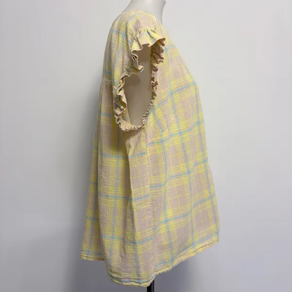 Democracy Blouse 1X Yellow Plaid Ruffle Cap Sleeve Button Front Cottagecore - Image 4