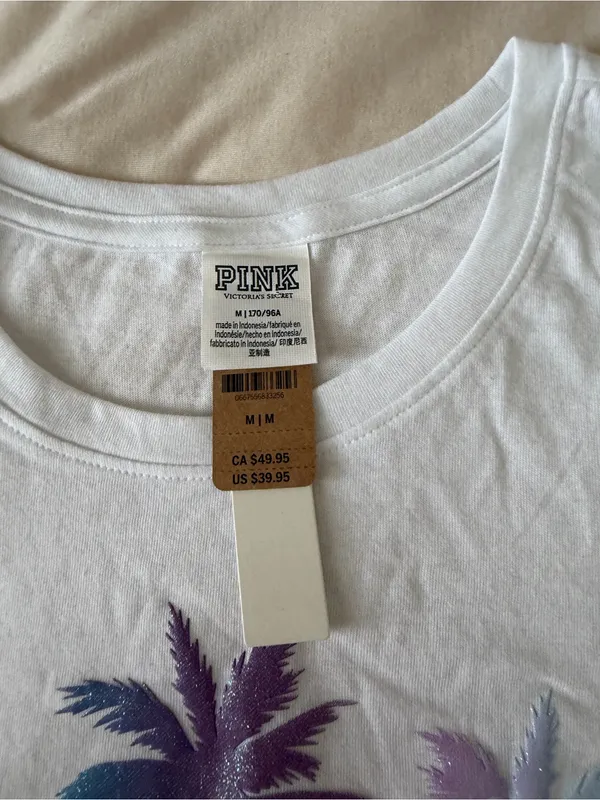 NWT PINK Victoria's Secret White Short Sleeve Tee with Ombre Palm Graphic - Image 4