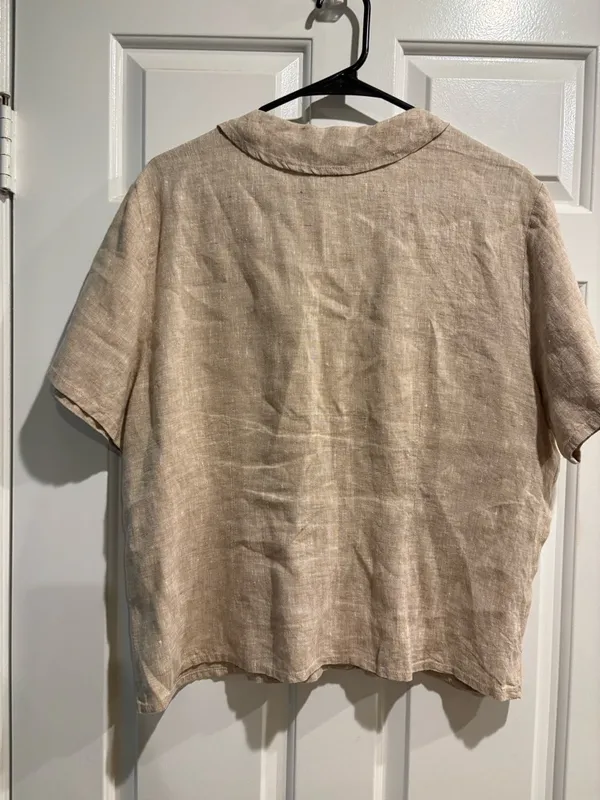 FLAX short-sleeve linen button-up blouse shirt sz M beige minimalist - Image 2