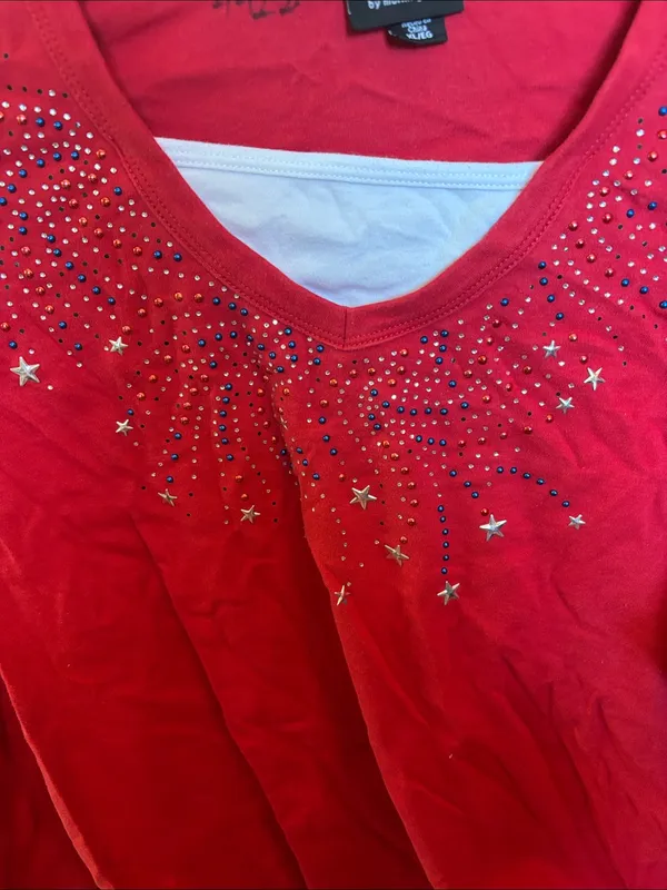 Trillogy Red Long Sleeve Scoop Neck Top with Star and Rhinestone Detail XL - Image 5