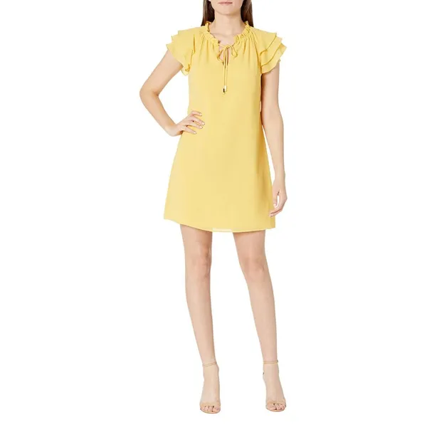 Vince Camuto Chiffon Tie Front Float Dress with Short Ruffle Sleeve Yellow 8 - Image 4