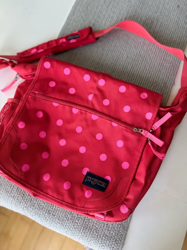 Jansport Red Oversized Messenger Bag with Pink Polka Dots - Image 2