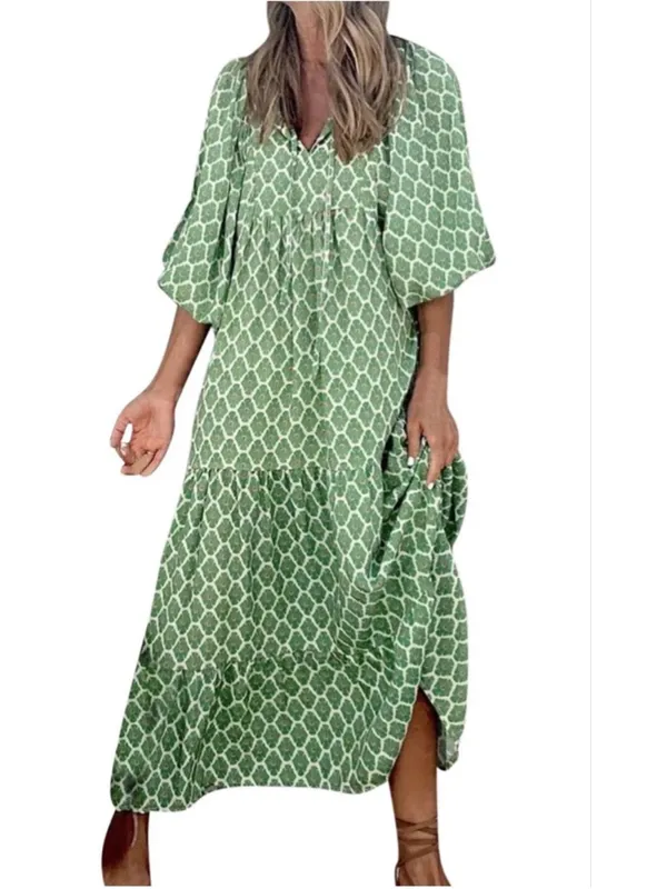 NEW 3/4 Sleeve Midi Fall Dress Boho Pleated V Neck Ruffled L - Image 5
