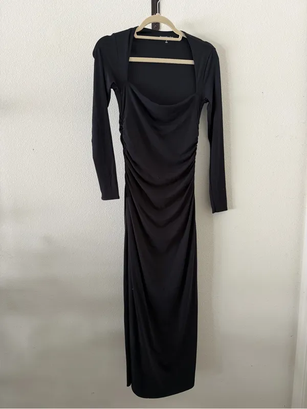 Abercrombie & Fitch Black Modal-Blend Long Sleeve Ruched Square Neck Dress - Image 2
