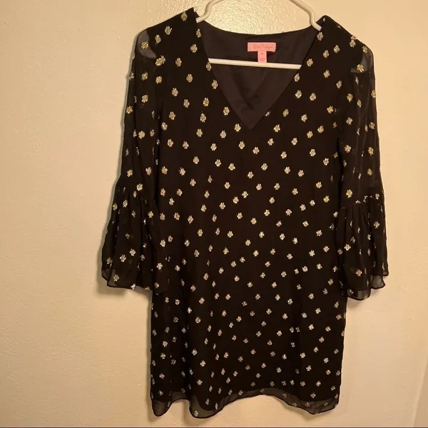 Lilly Pulitzer Women's Size 00 Caroline Silk Tunic Dress Black Gold Metallic - Image 4