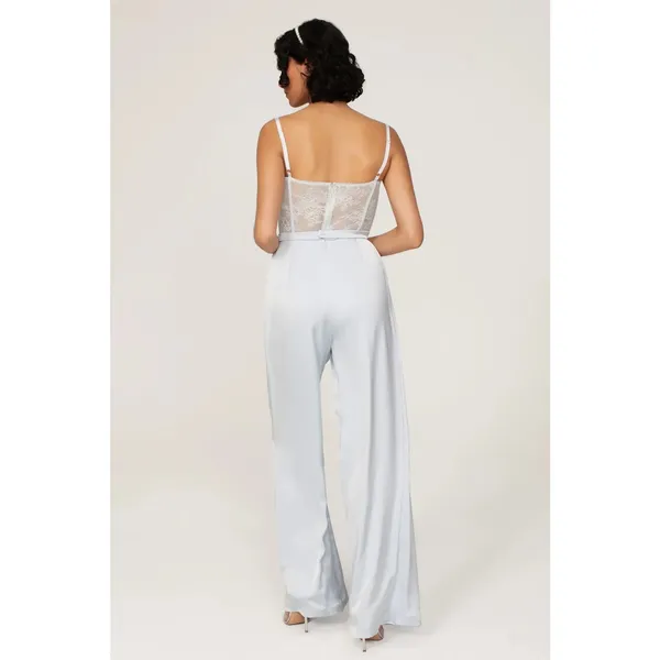 Katie May Sz Small Light Blue Tink Satin Lace Corset Wide Leg Cocktail Jumpsuit - Image 3
