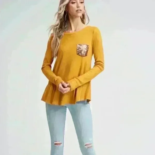 White Birch 9. Mustard Thermal Top with Sequin Pocket and‎ Buttons - Image 4
