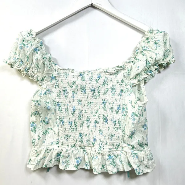 Mine Floral Swiss Dot Crop Top Lace Ribbon Puff Sleeve White Blue Women's‎ L - Image 6
