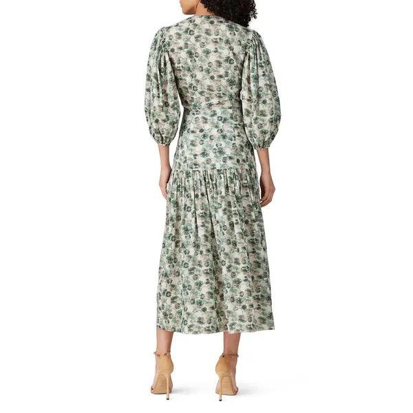 MARYSIA Green White Floral Printed 100% Cotton Drop Waist Imperialis Dress M - Image 2
