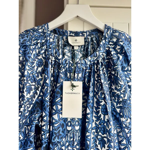 Tuckernuck NWT Womens XS Blue White Floral Cotton Tiered Maxi Dress Pockets - Image 5
