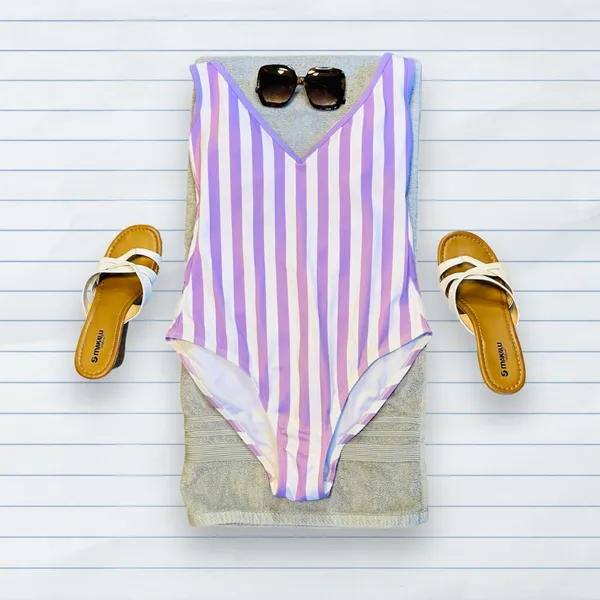 Kona Sol Purple and White Striped One Piece Swimsuit Size L Stretchy V Cut - Image 2