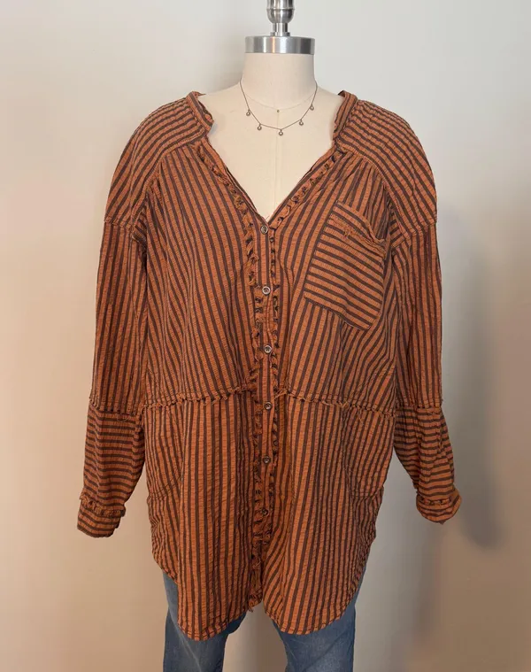 Free People Brown Striped Tunic Buttondown Top - Image 3