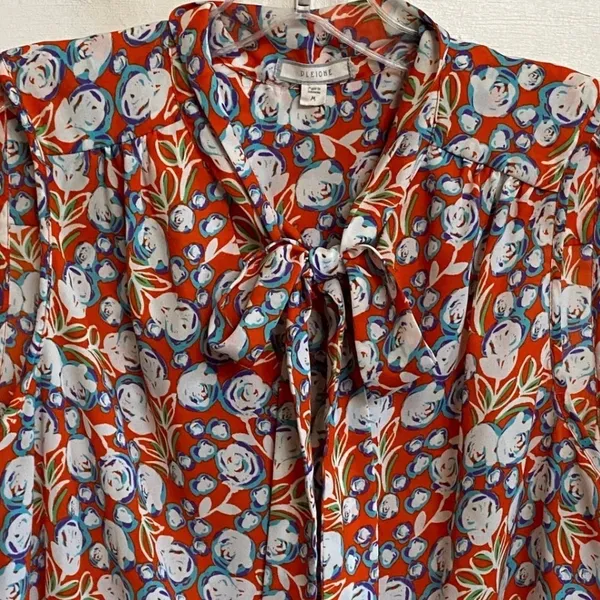 Pleione Womens Sleeveless Tie Neck Floral Blouse Orange Blue White WQZ58232RK M‎ - Image 4