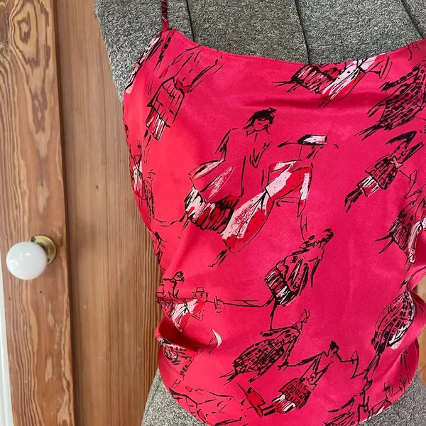 Vintage 90s Natori Private Luxuries Red Silk Cami Art Print Slip Tank XL💛 - Image 5