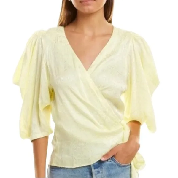 Krisa Womens Yellow Snake Print Jacquard Wrap Blouse‎ Puff Sleeve XS - Image 12
