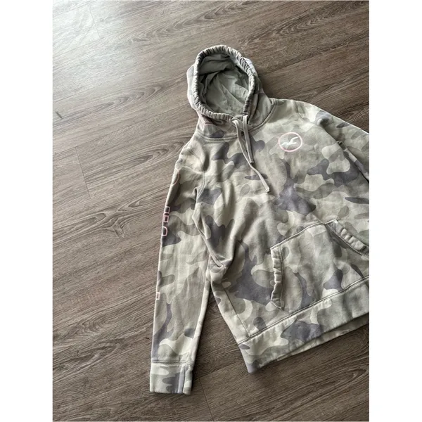 Hollister Womens Pullover Hoodie Small Gray Camo Pink Logo Sleeve Graphic Fleece - Image 7
