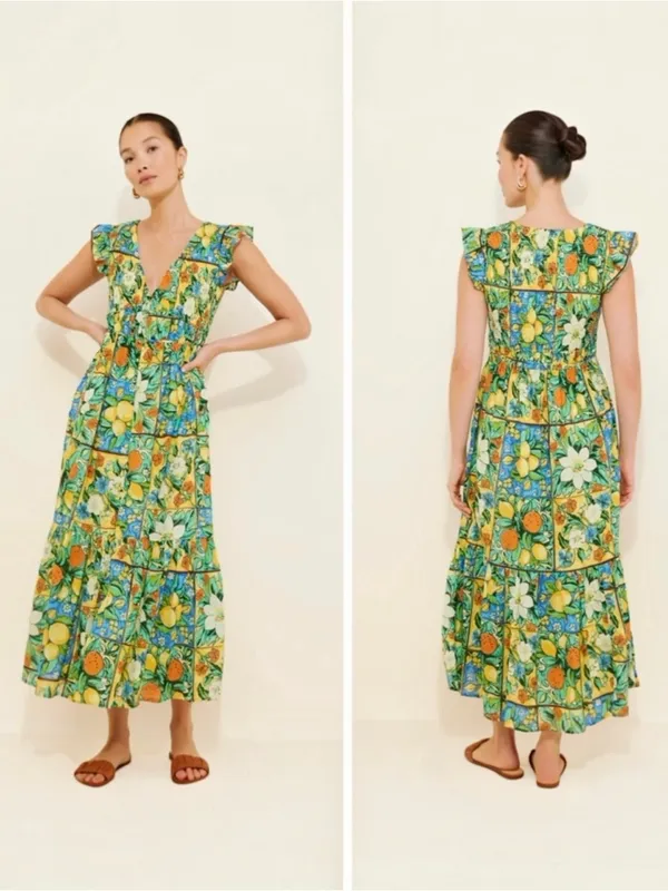 Anthropologie Peregrine Flutter Sleeve Maxi Dress In Fruit Motif XS - Image 2