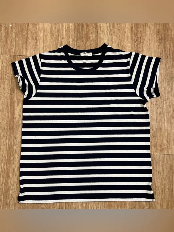 rag & bone Navy and White Striped Crew Neck Tee - Image 2