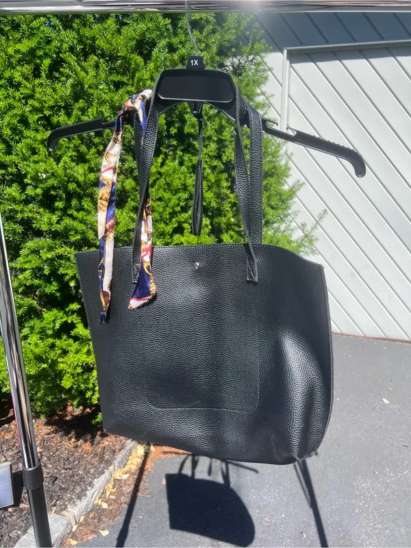Everyday Black Pebbled Tote with Scarf Detail - Image 2