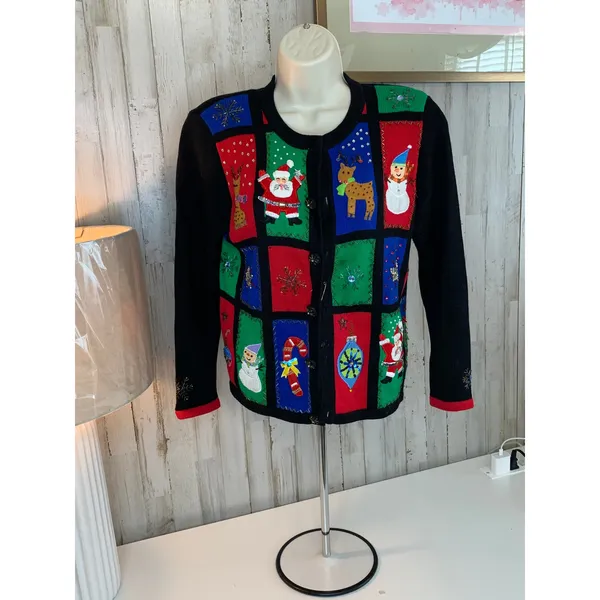 Jack B. Quick Cardigan Sweater Womens Small Black Ugly Christmas Holiday - Image 2