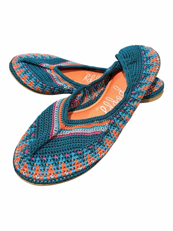 🆕Poppy x Free People Teal Crochet Ballet Flats with Orange and Pink Accents - Image 3