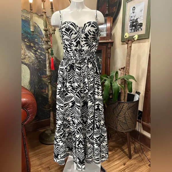 TCEC Noir Elegance Midi Dress Black White Leaf Print Bustier Tropical Resort L - Image 2