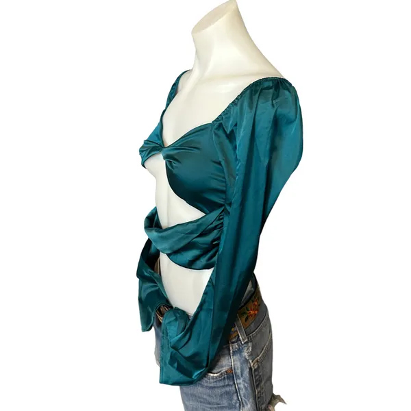 Revolve Teal Satin Crop Top SMALL Going Out Club Pirate Cut Out More to Come NEW - Image 5
