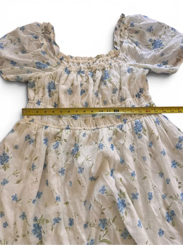 Cream Floral Puff-Sleeve BoHo flowery cottage core Dress with Blue Flowers - Image 9