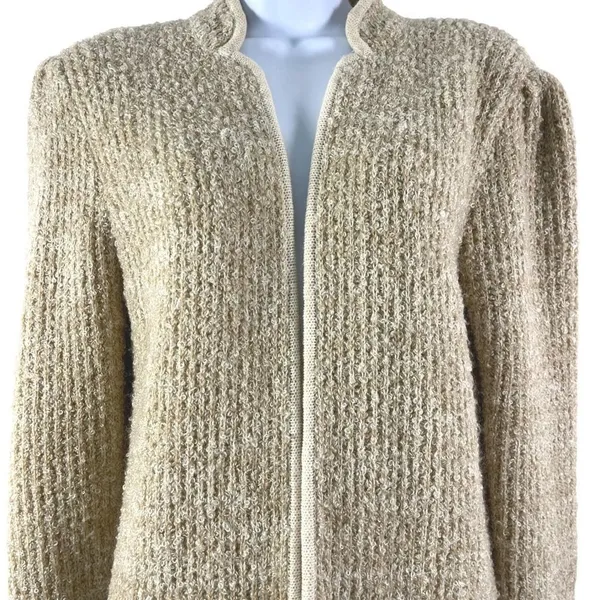Vintage 80s Adele Joyce Boucle Cardigan Sweater Large Oatmeal Open Front Tan - Image 3
