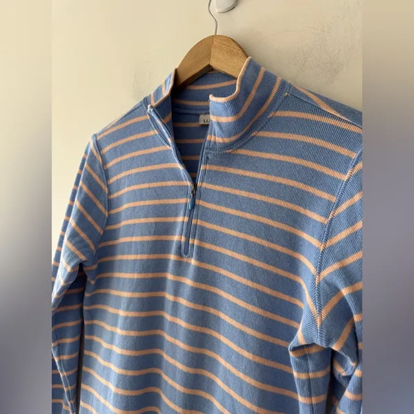 L.L. Bean Blue and Orange French‎ Sailor Stripe Quarter Zip Pullover Sweater - Image 2