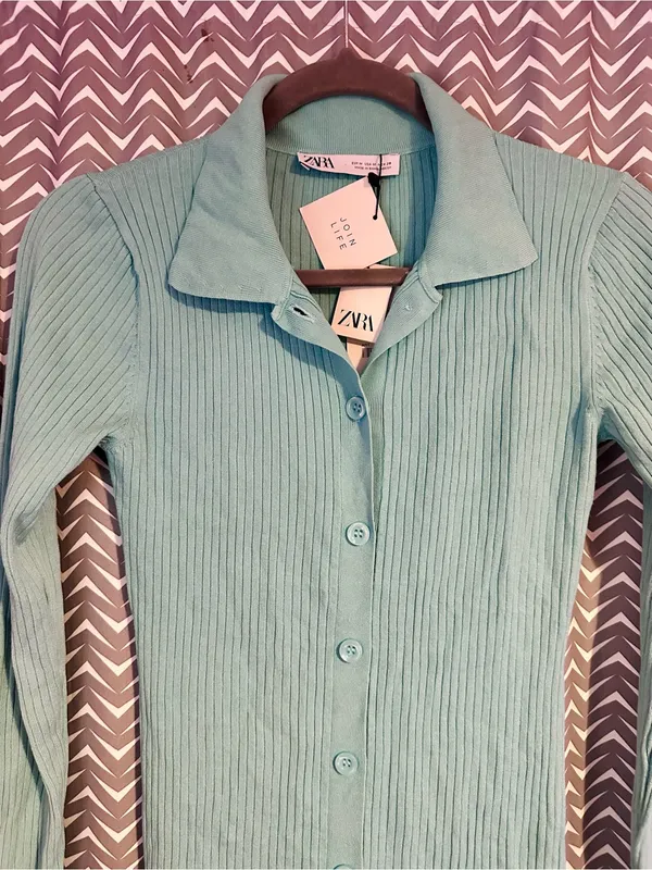 NWT Zara | Light Blue Ribbed Knit Polo Dress, Medium - Image 4