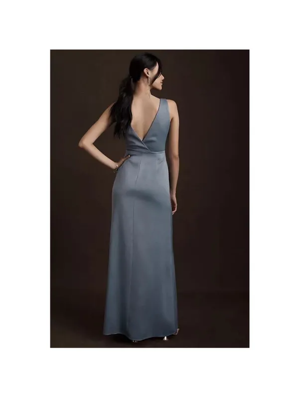 Anthropologie Bhldn Dusty Blue Piper V-Neck Side Slit Satin Gown - Image 3