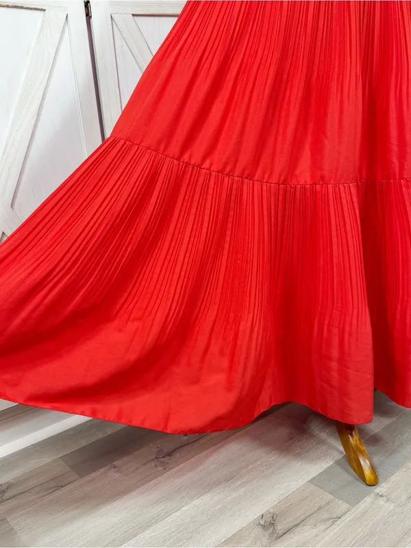Outback Red Tiered Pleated Maxi Skirt Coral Orange Red XS Flowy Boho Tomato Girl - Image 6