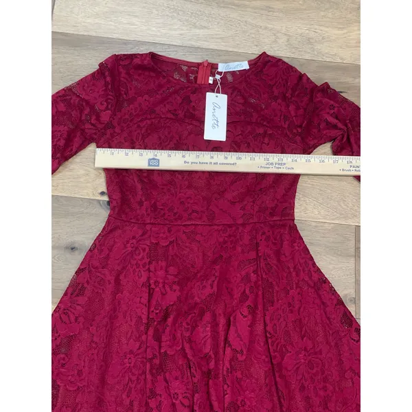 Anette NWT Small Red Wine Lace Dress High Low Hem Sheer Sleeves Lined - Image 7