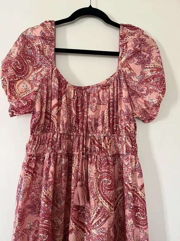 Boho Paisley Midi Dress Large Puff Sleeve Flowy Romantic Tassel Festival - Image 2