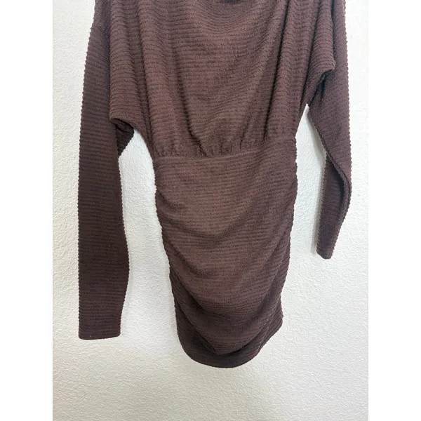 Showpo Alyce Mini Dress Size 4 Brown Ruched Off Shoulder Textured Knit - Image 11