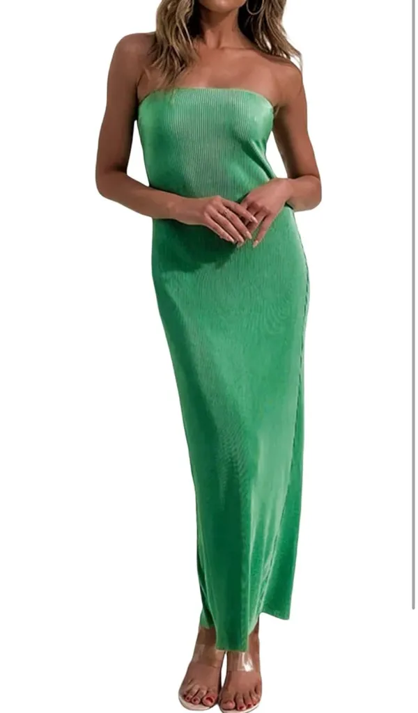 Strapless Pleated Maxi Dress Green - Image 2