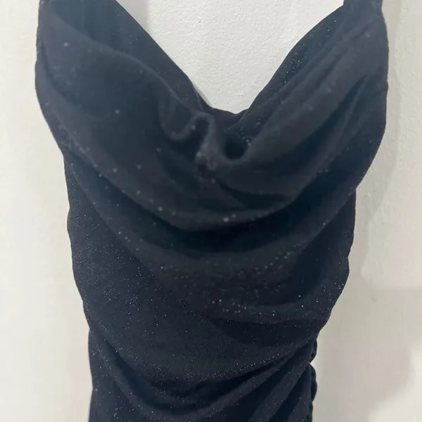 Oh Polly Black Glitter Ruched Maxi Dress US 0 Y2K 2000s Bodycon Cowl Neck - Image 2