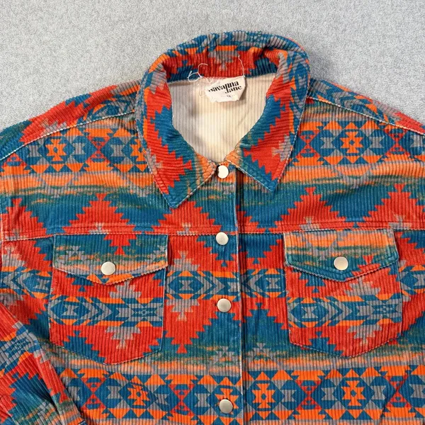 Savanna Jane Women's 1X Corduroy Shirt Jacket Western Aztec Red Blue Orange - Image 5
