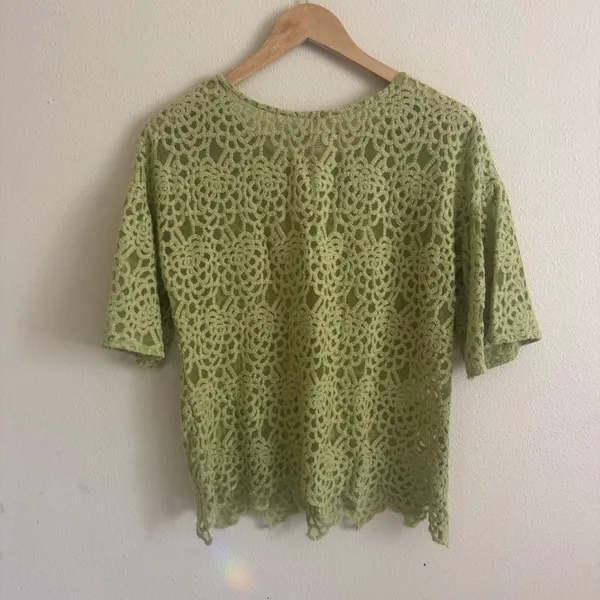 Sundance Light Sage Green Lace Embroidered Mesh Textured Short Sleeve Blouse - Image 5