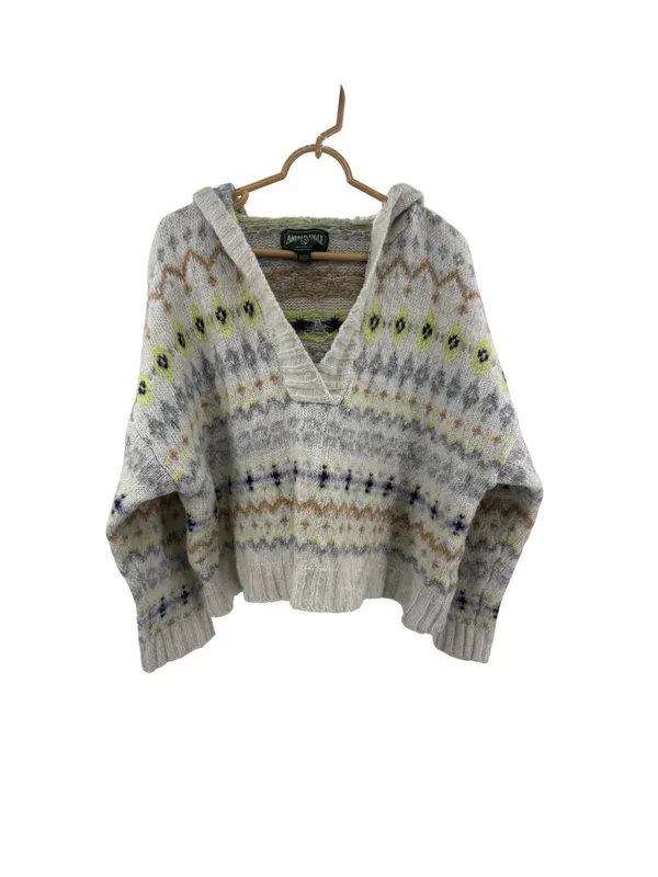 American Eagle Cozy Cream Fair Isle V-Neck hooded Sweater wool blend XL winter - Image 2