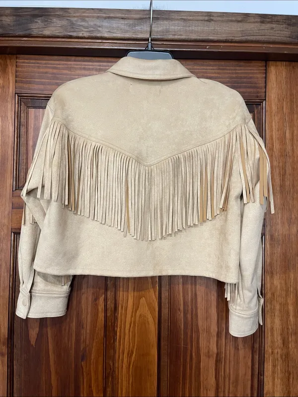 Forever 21 Tan Suede-Inspired Cropped Fringe Bomber Jacket - Image 5